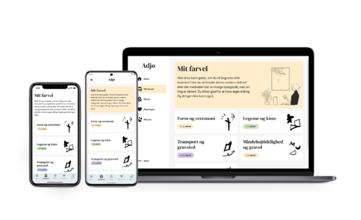 Billede af Adjø på computer og app.