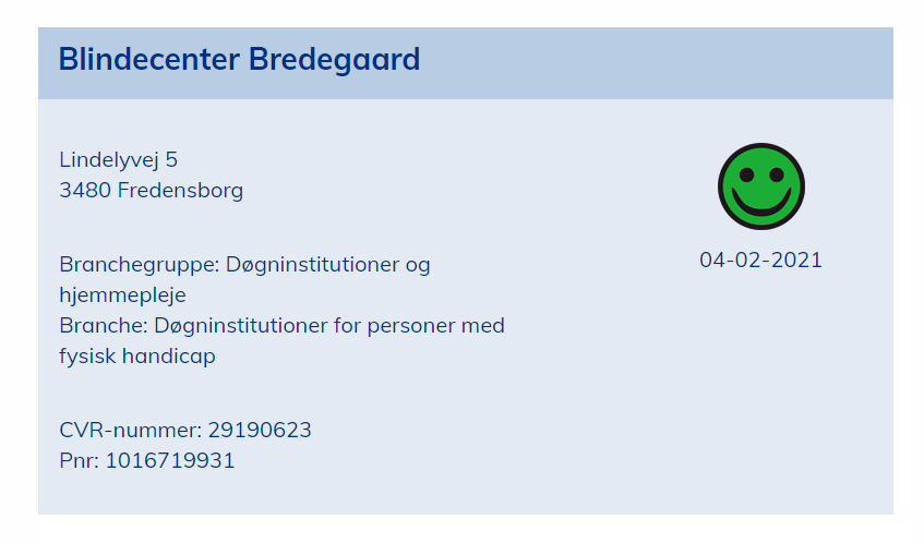 Screenshot af Arbejdstilsynets hjemmeside med Bredegaards grønne smiley