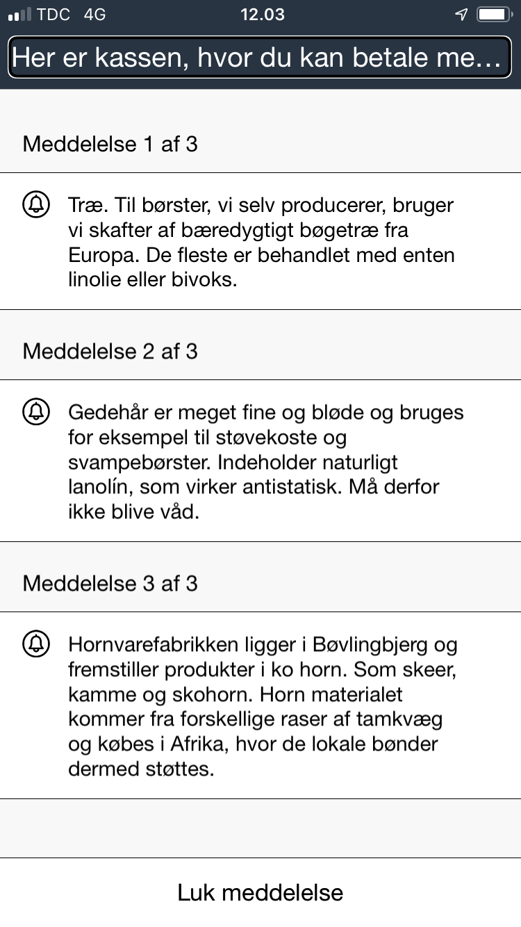 Blinfo meddelelser der læses op af VoiceOver funktionen, når man kommer til kassen