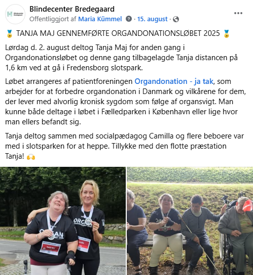 Screenshot af Facebook-opslag om da Tanja Maj gennemførste Organdonationsløbet