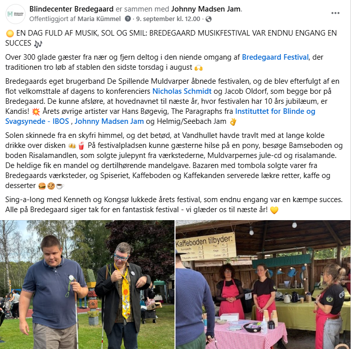 Screenshot af Facebook-opslag om Bredegaard musikfestival. 