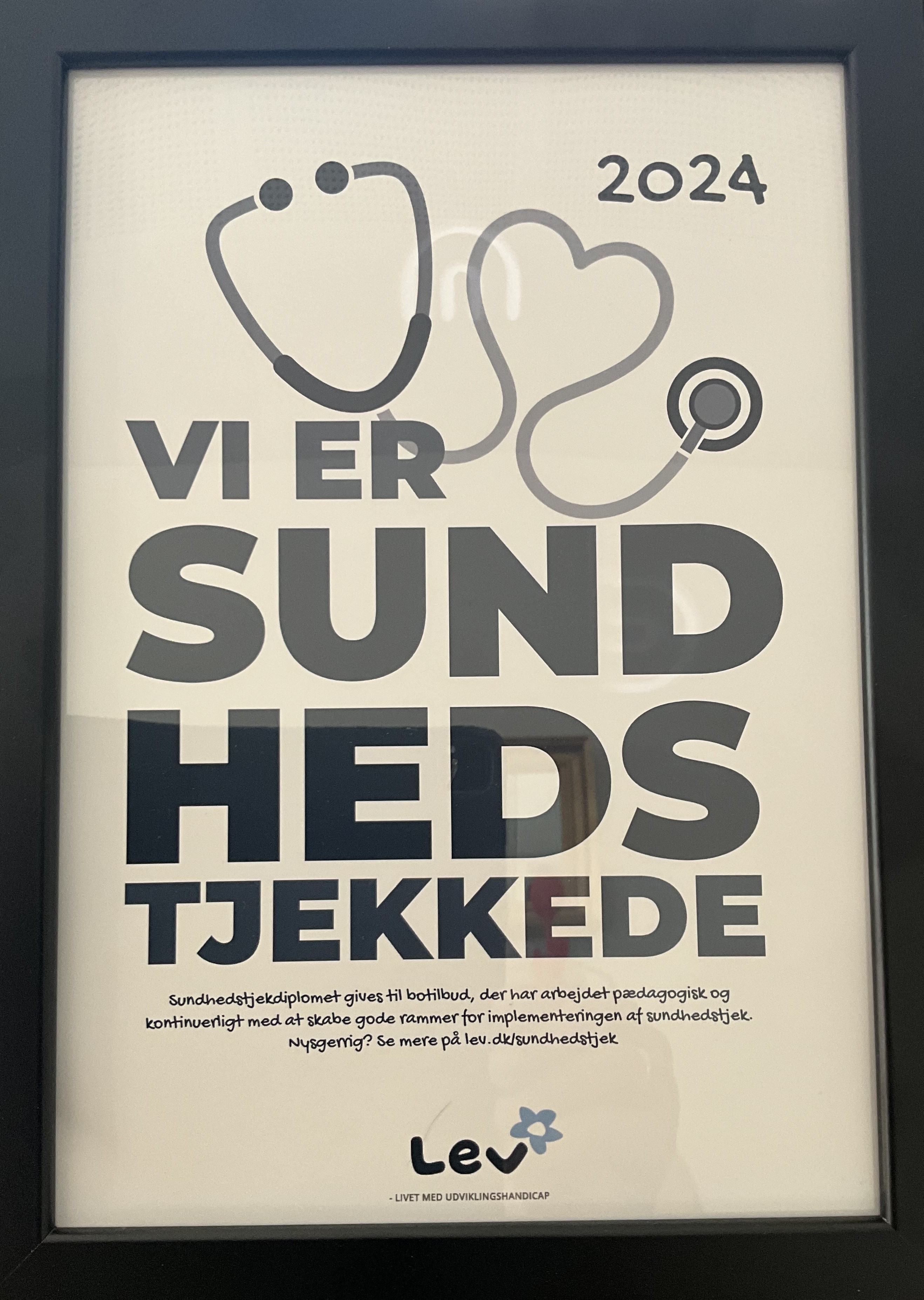 Det flotte diplom fra Lev med titlen "Vi er sundhedstjekkede".