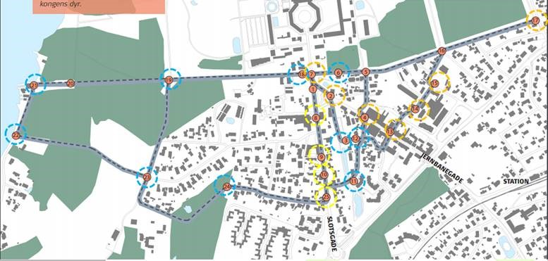 Kort over oplevelsesruterne i Fredensborg by.