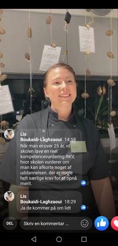 Screenshot af Mettes medvirken i Facebook- udsendelse fra Hotel- og Restaurantskolen.